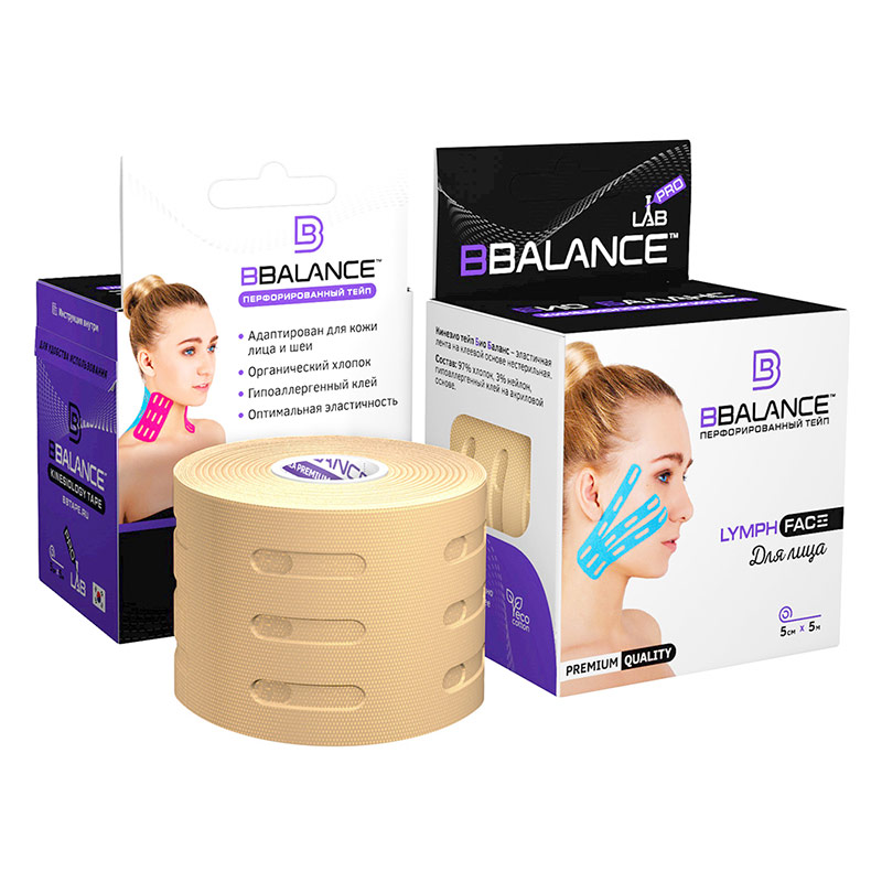 Кинезио тейп Bio Balance Tape Lymph Face для лица перфорированный 10см х 5м бежевый